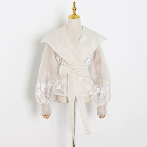 Vintage Organza Women Blouse Lapel Collar Lace Up Bow Lantern Long Sleeve Hit Color Shirt Female Fashion