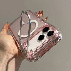 Transparent Glitter Sparkling For Magsafe Magne Case For iPhone 17 16 15 14 13 Pro Max Metal Camera Stand Bracket Shiny Cover