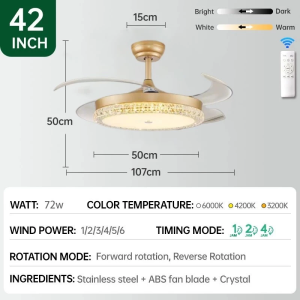 Lampu Gantung Aesthetic Kristal LED Kipas Plafon 42 Inch Hemat Energi Senyap Silent Kristal Chandelier Mewah Modern Elegan Dekorasi Interior Rumah Remote Control 3 Warna Cahaya untuk Ruang Tamu Kamar Tidur Dapur Hotel Cafe Teras