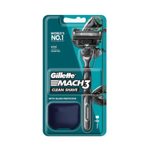 Gillette Mach3+ (Clean Shave) Razor with 3 Blades and Blade Protector - Clean Shave - Worlds No.1 Charcoal - Mens Grooming