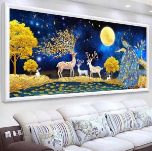 (mẫu đẹp chưa thêu) Tranh thêu Hươu phát tài ngắm trăng 100x55 cm