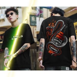 ✅ Mens newest Japanese samurai skull fire death time black distro short sleeve printed cool T-shirt izot shirt .C