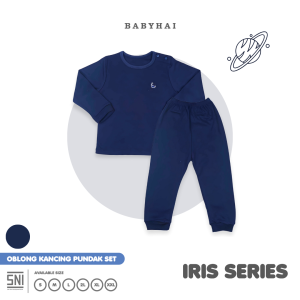 BABY HAI Iris Set - Setelan Kancing Pundak Polos Baju Panjang Celana Panjang - Seri Biru