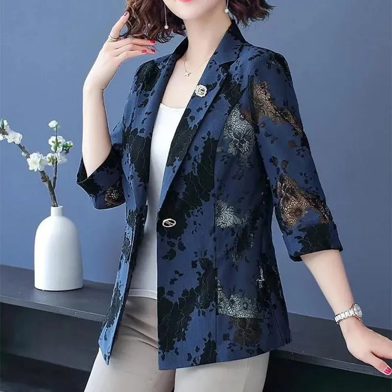 Plus Size S-4XL Women Blazer Jacket Lace Floral Single Button Slim Spring  Autumn Fashion Casual Elegant Business Formal Office Work Wear Mother  Middle