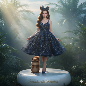 Váy Công Chúa Xanh Đen Nhiều Ngôi Sao Lấp Lánh - Váy Bé Gái hàng Thiết Kế Cao Cấp Thanh Nhi Fashion TN3822001