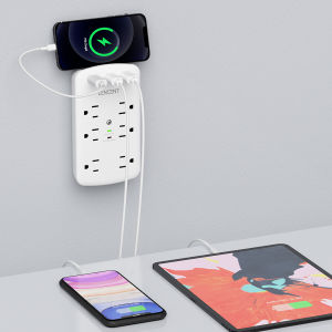 LENCENT ตัวป้องกันไฟกระชาก 6 แฉก 3 พอร์ตชาร์จ USB สำหรับชาร์จ USB ปลั๊กหลาย ตัวแยก Expander Wall Tap รายการ ETL