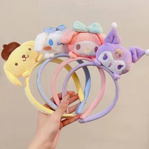 Cute Sanrio Plush Headbands Cinnamoroll Melody Kuromi Plushie Bow Headband Sanrio Anime Kawaii Makeup Wash Hair Ring Hair Accessories Gifts
