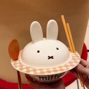 Kawaii Miffy Ceramic Bowl Cute Cartoon Miffy Design Adorable Shape Paired Wooden Tableware Large Capacity Instant Noodles Bowl2026