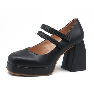 Size 35-42 Womens Fashion High Heels French Thick Heel Leather Sandal Square Toe JK Mary Jane Shoes