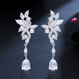 SEQUITO Luxury White Gold Plating Full Paved Clear Bling AAA Cubic Zirconia Water Drop Dangle Earrings High Grade Bridals Wedding Ear Jewelry for Dress Accessories SE771