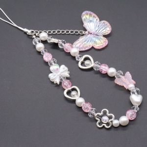 HBESTY Korean Lovely Pink Bowknot White Beaded Phone Chain Charm Lanyard For iPhone For Samsung Universal Accessories Jewelry Pendant