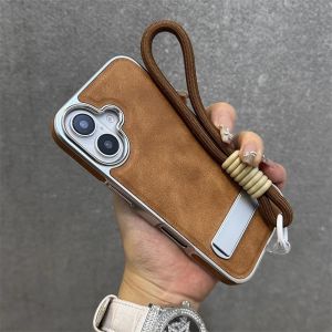 Luxury Leather Case Lanyard Cover for iPhone 17 16 15 Pro Max Phone Cases Kickstand Design Pu Soft Velvet Back Shell Brown Coque
