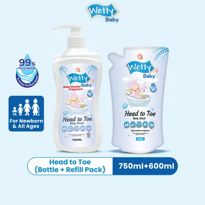 Wetty Baby Head To Toe Baby Wash (Bottle 750ml + Refill Pack 600ml)