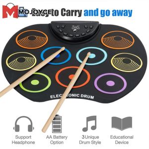 MOJOYCE 9 Drum Pads Portable Electronic Drum Set Headphone Jack Roll-Up Drum Practice Pad Drum Kit Support Recording for Kids Teens and Adults Beginner
