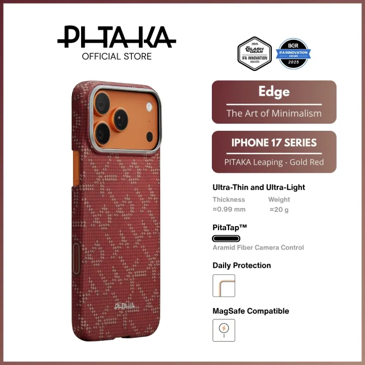 PITAKA iPhone 17 Pro/Pro Max - Ultra-Slim Edge Case - Magnetic/PitaTap™ Button (PITAKA Leaping - Gold Red)