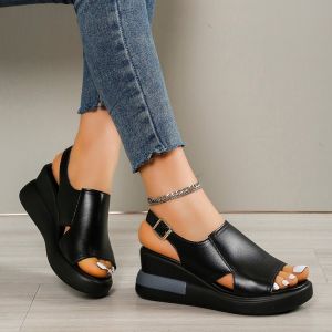 Free Shipping New Summer Platform Wedge Sandals For Women Fashionable Open-Back Soft Leather Large-Size Fish-Mouth Shoes Platform Shoes