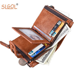 SLGOL กระเป๋าสตางค์ผู้ชาย Vintage Money Clip Multifunctional Double Zipper Zero Wallet กระเป๋าสตางค์ธุรกิจบัตรลำลอง กระเป๋าสตางค์หนัง 3 พับสุดหรูสไตล์ใหม่
