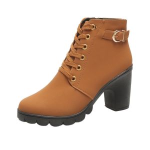 Falimottype)Size35-42 Womens Fashion Versatile Strap Round Head Coarse Heel Short Boots Matte Coarse High Heel Short Boots