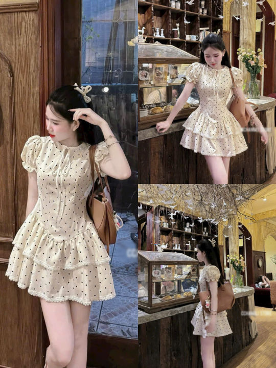 Đầm thời trang nữ chất manggo tay ngắn cổ tròn cột nơ váy dáng ngắn xòe ...