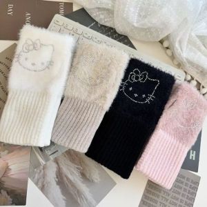 THANKSKY หินประดับ ถุงมือ Hellokitty ผ้าสีพื้น การ์ตูน ถักถุงมือ นุ่มนวล แบบเกาหลี ถุงมือครึ่งนิ้ว คุณผู้หญิง