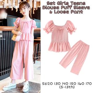 SETELAN ANAK PEREMPUAN IMPORT KOREAN STYLE CASUAL BLOUSE PUFF SLEEVE CELANA KULOT