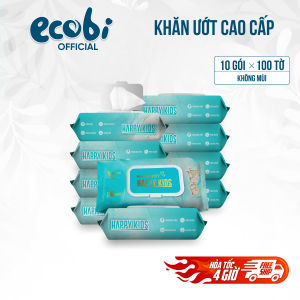 Thùng 10 gói khăn ướt Happy Kids gói 100 tờ không mùi không parabens chuyên dùng cho em bé