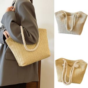 ELLIER Bohemian Women Straw Tote Bag Elegant Solid Color Casual Beach Handbag Durable Versatile Underarm Shoulder Bag Female