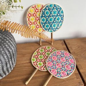 LUXERY Colorful Design Bamboo Braided Fan Hand Cranked Ethnic Style Handmade Fan Durable Exquisite Craftsmanship Ancient Chinese Fan Summer Use