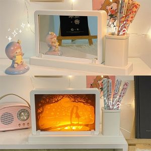 Lampu Malam Patung Kertas 3D Cermin Dengan Tempat Pena Dapat Dilepas Dapat Diisi Ulang