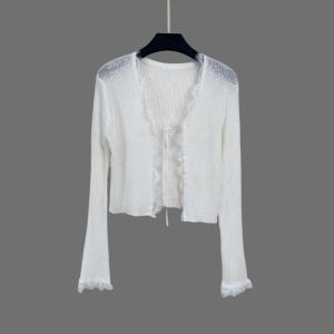 V-neck เสื้อกันแดดผ้า蕾丝荷叶边เสื่อมผ้าไหมเย็น