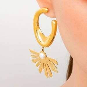 PENGA Hollow Out Sector Geometric Earrings Imitation Pearl Gold Color Pendant Leaf Earrings Jewelry Stainless Steel Irregular Pendant Earrings Women