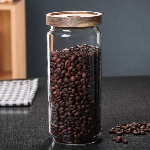 Glass Storage Container Airtight Jar with Wooden Lid Transparent Kitchen Food Organizer