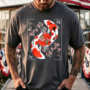 [Local Stock] HBESTY  Japanese Koi Carp Fish Nishikigoi Cherry Blossom Men Women T-Shirt Beach Vacation Funny Outdoors High Quality Cotton Short-sleev