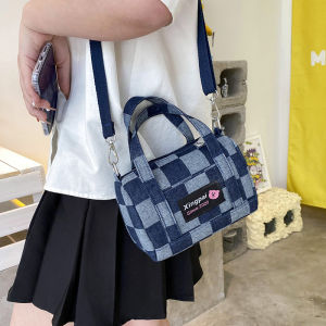 Denim Blue Checkerboard Canvas Messenger Bags Fashion Shoulder Cross Body Bag Women Sling Bag Tote
