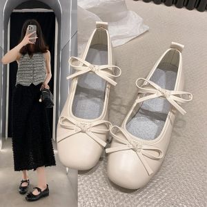 Bow Single Shoes Womens Flat Soles Mary Jane Shoes Granny Shoes Soft Soles Soft Beanie Shoes Scoop Shoes