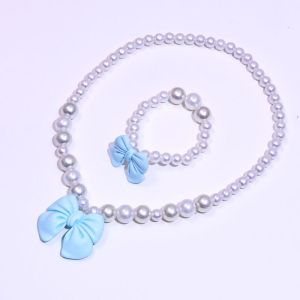 JJT Cute Pearl Necklace Set with Big Bow for Girls Elegant Childrens Jewelry Accessory