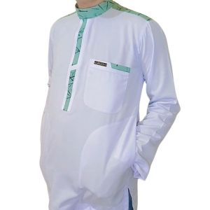 Baju koko pria muslim putih les hijau full belakang Bahan Saudi premium polyester Alghin Exclusive lengan panjang