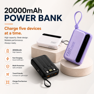 RII New R08 20000mah Portable Powerbank with 4 Cables Fast Charging with Built-in CABLE for USBiPhone Type and Micro Cable