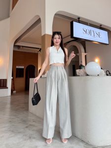 T32 Rita Pants กางเกง ทรงกระบอกใหญ่ เอวสูง พรางหุุ่น จีบทวิดด้านหน้า แต่งฝากระเป๋าหลังเก๋ กางเกงขายาว ผู้หญิง งานเกาหลี