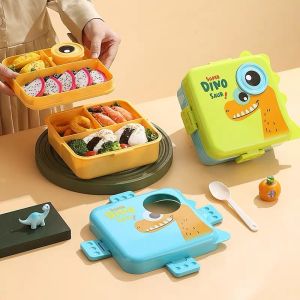 Bento Lunch Box For Kids Double Layered Sealed Cartoon Dinosaur Microwave Lunch Box With Sauce Cup
