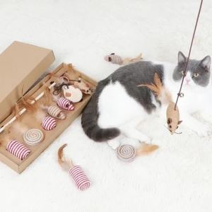 7PCSSet Funny Cat Stick Teaser Feather Toy Kitten Colorful Rod Cat Wand Toys Wood Cat Interactive Stick Cat Supplies