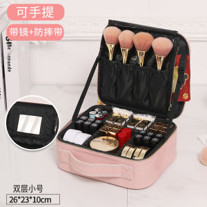 Trendy large-capacity makeup bag with mirror portable travel organizer pink leather professional hand-held tool case