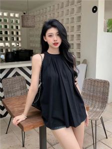 【READYSTOCK】Halter neck loose tank top pleated singlet sleeveless top black Ol wear 现货无袖背心 法式挂脖背心 复古上衣 黑色背心 OL风背心 小众款上衣