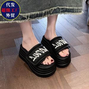Free Shipping 2026 Summer New Style Outerwear Slippers For Petite Women Thick-Soled Platform Letter Korean Style Beach One-Strap Sandals