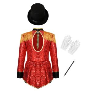 Kids Girls Ringmaster Circus Costume Magician Drummer Cosplay Party Leotard Long Sleeve Fringe Epaulet Sequins Bodysuit Dress Up2026