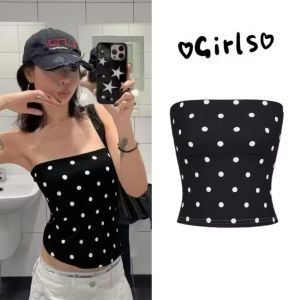 STR พร้อมส่ง🫐☔️เสื้อเกาะอกผู้หญิง ดีไซน์เชื่อกผูกหน้าอก สีพื้น แขนกุด เสื้อครอปทรงรัดรูป เซ็กซี่แฟชั่นY2K สไตล์อเมริกัน