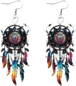 Bohemian Dreamcatchers Plume Earrings Acrylic Bohemian Plume and Floral Earrings for Women Colorful Dream Catcher Dangle Jewelry Hippie Dangle for Festivals Beach Days