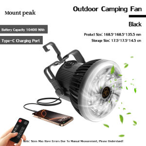 Portable camping fan that can charge your phone 18V 10400mAh battery 3 adjustable wind speeds and LED light.