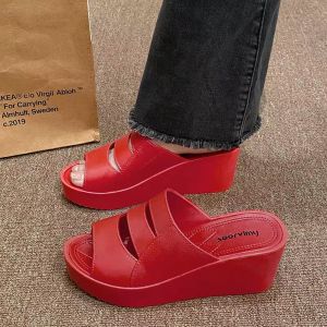 ZEEMIN 2024 Summer New Womans One Word Wedges Slippers Thick Sole Non Slip Home Slippers Outdoor High Heels Slippers Modern Slippers