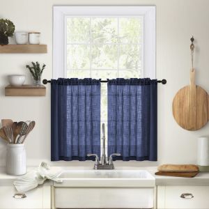 GONGL 2PCS Through-shaft Type Linen Textured Kitchen Short Curtain Semi Transparent Light Filtering Gauze Tulle Kitchen Curtain Household Solid Color Room Partition Curtain Bathroom